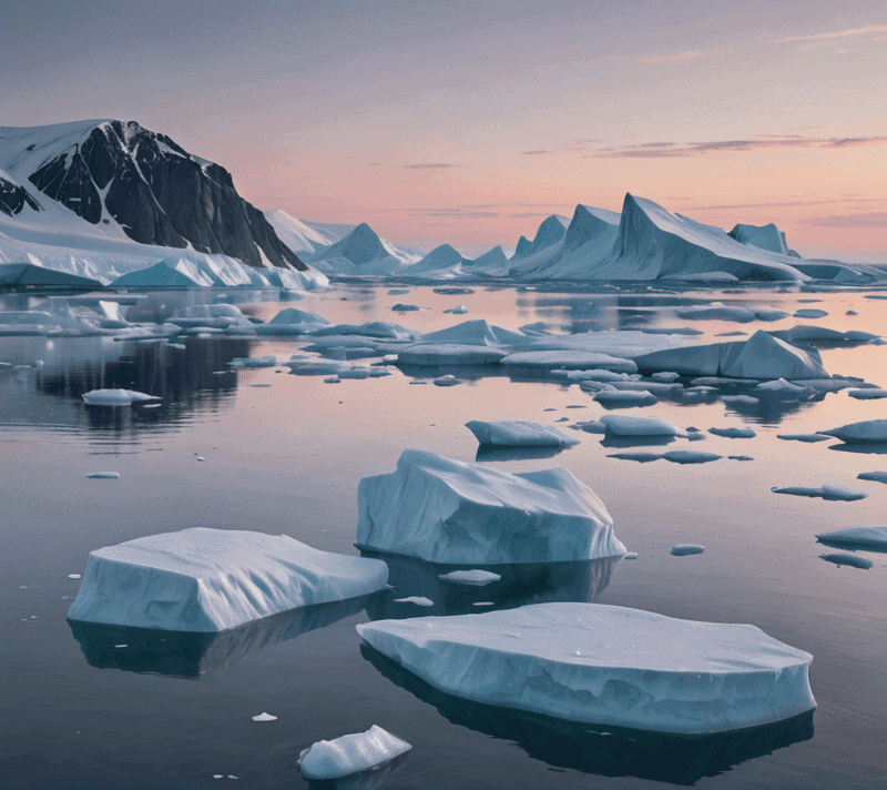 Arctic landscape with icebergs under polar twilight, glowing tips, still water.