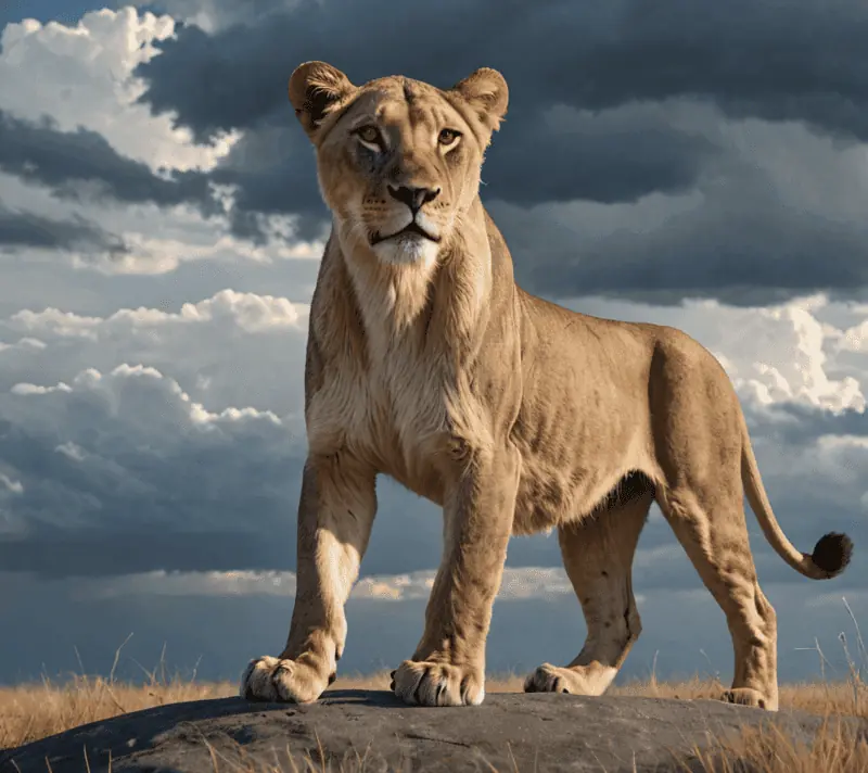 Lioness on plateau with dramatic sky, symbolizing power and resilience.
