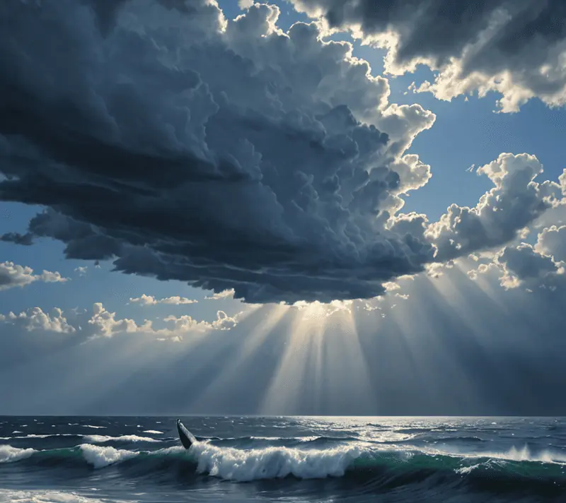 Whale breaching in expansive ocean with clearing thunderstorm and emerging sunlight.