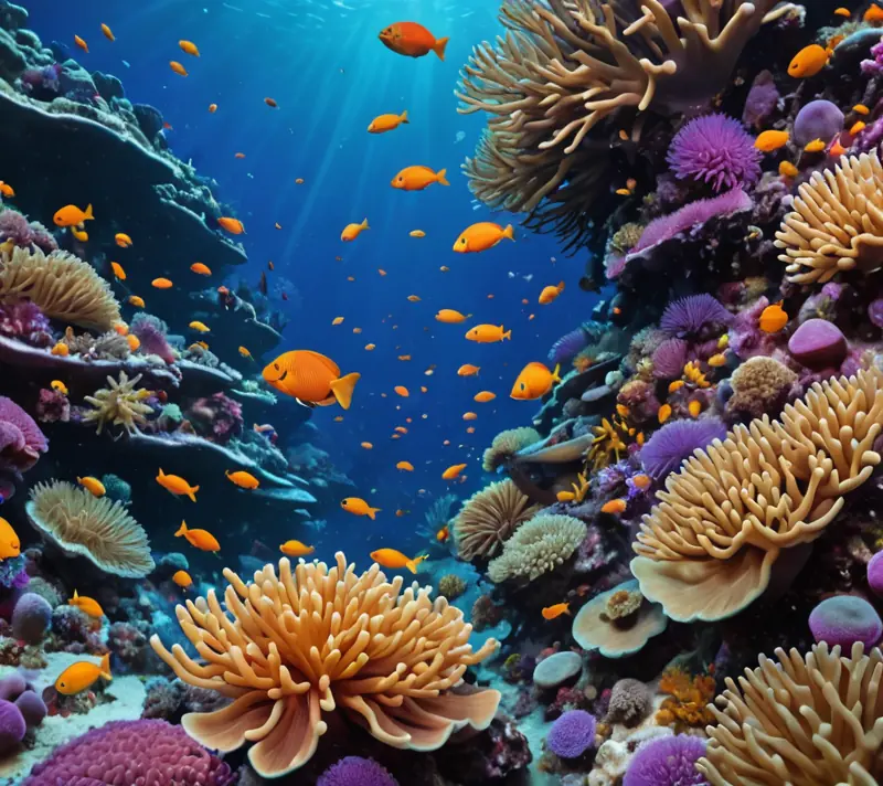 Colorful coral reef with vibrant fish and swaying sea anemones.