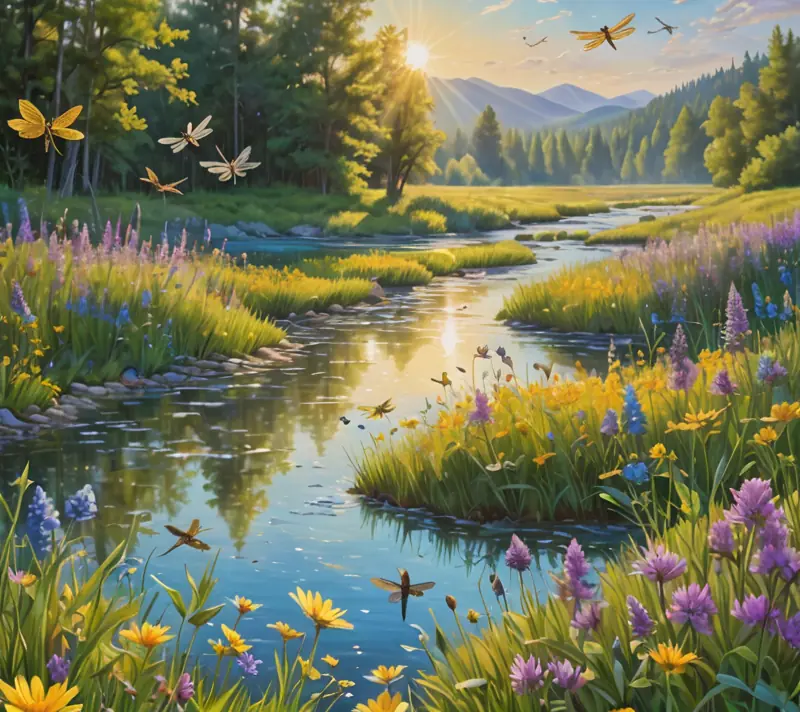 Sunlit meadow with wildflowers and dragonflies, reflecting stream, and birds in flight.