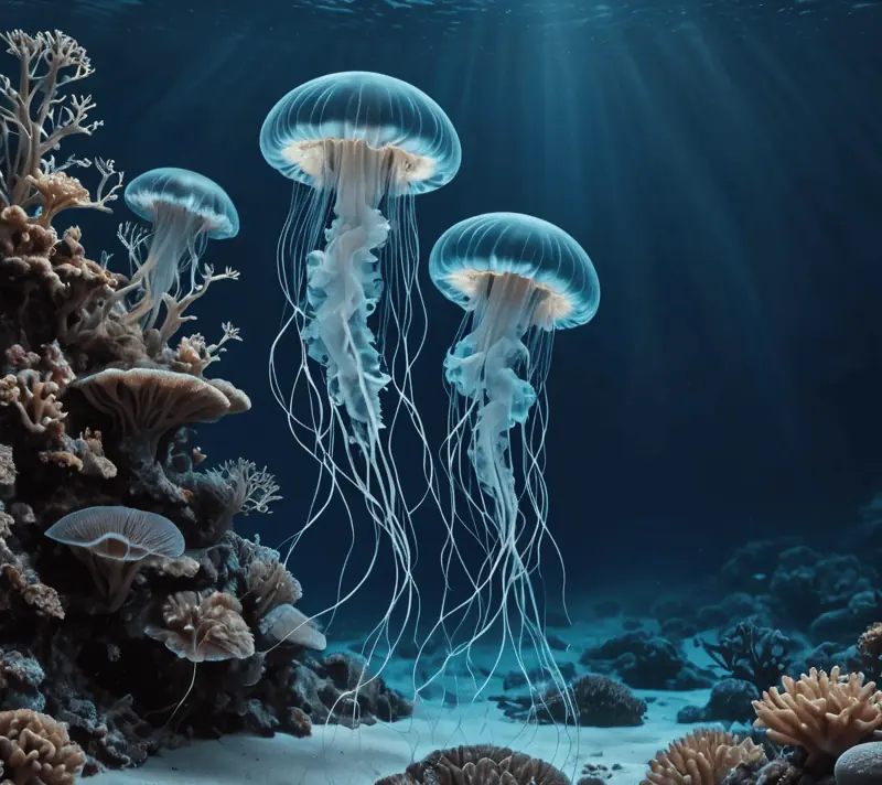 Bioluminescent jellyfish in a tranquil midnight-blue ocean showcasing natural purity.