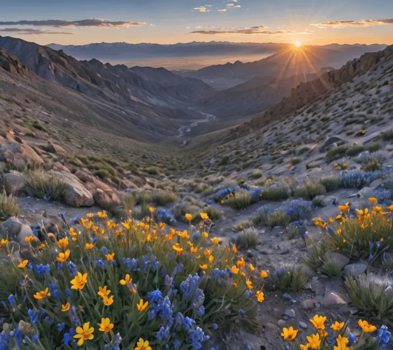 Sunrise over a high-altitude desert with wildflowers and distant mountains.