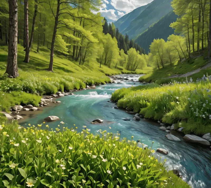 Serene glacial river flowing through a springtime valley with blooming wildflowers.
