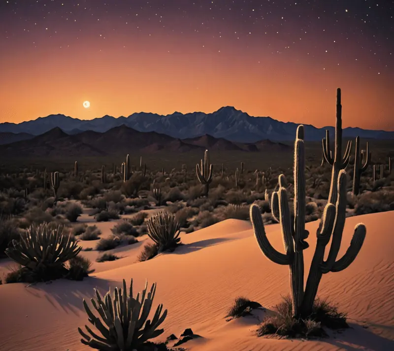 Singing sands in a desert landscape under a crescent moon, symbolizing hope and resilience.