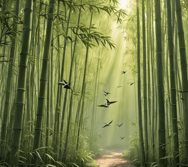 A misty dawn with golden rays in a bamboo forest, highlighting unity and connection.