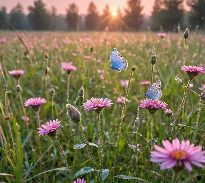 Dew-kissed meadow with butterflies and wildflowers at sunrise.