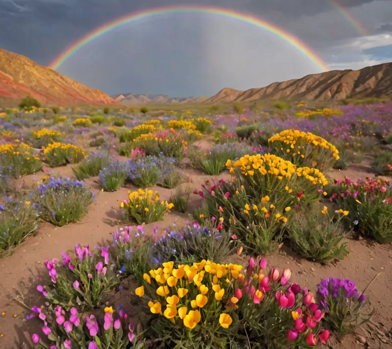 Super bloom in the desert with a vivid rainbow after the rain.