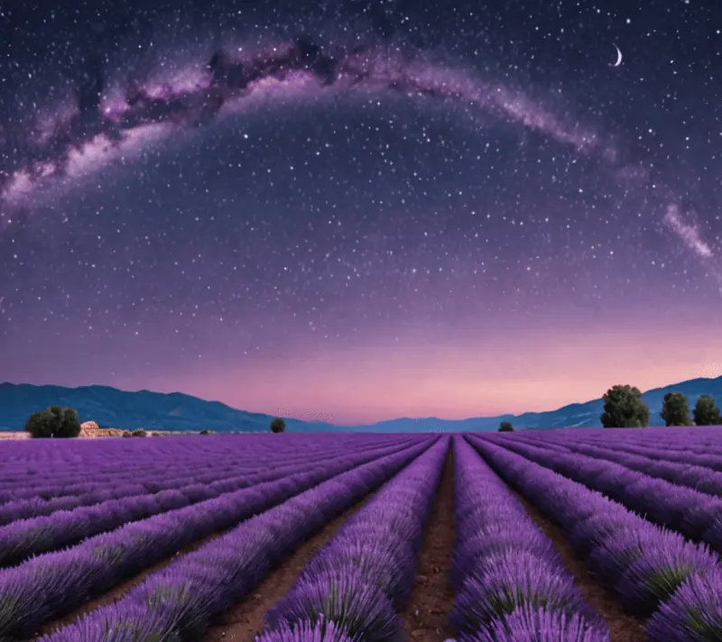 Field of lavender under the crescent moon at twilight, with visible stars.