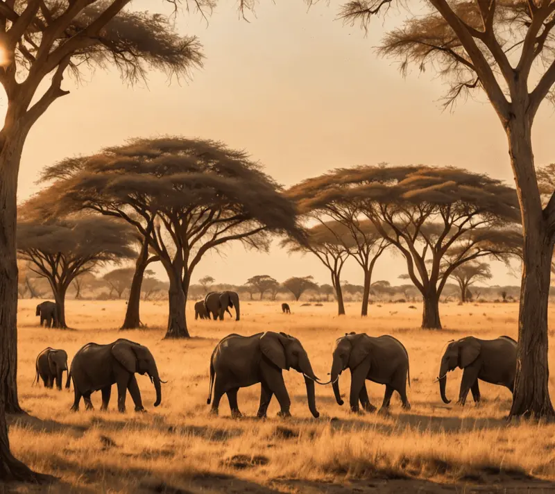 Warm savanna landscape with a family of elephants during golden hour.