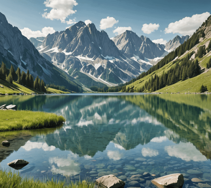 Clear mountain lake reflecting serene landscapes, demonstrating comfort and assurance.