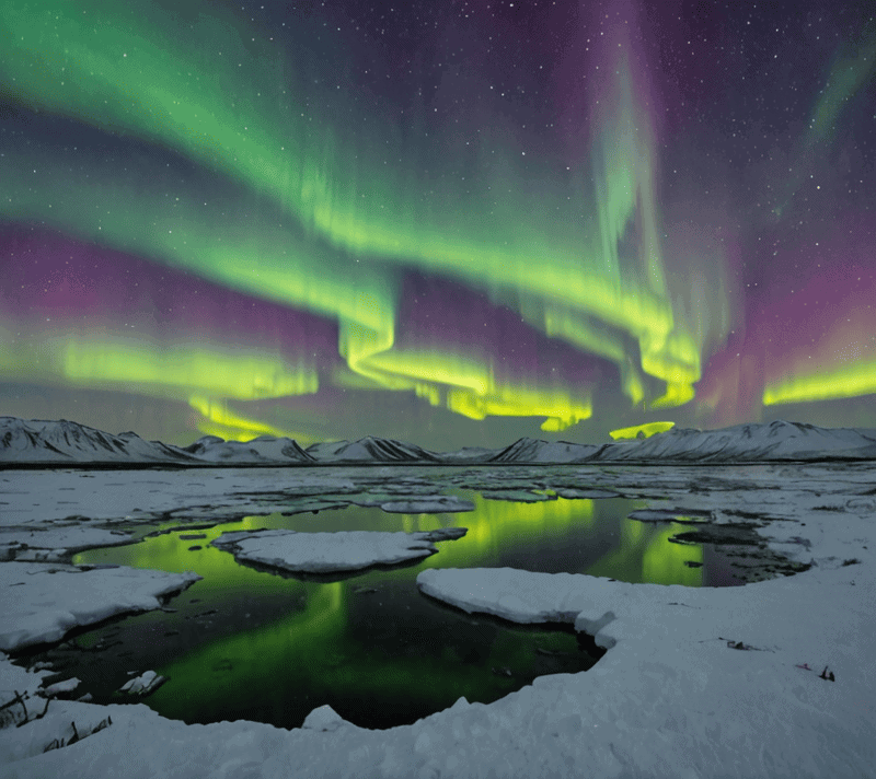Aurora Borealis draping over a quiet tundra, invoking amazement and wonder.