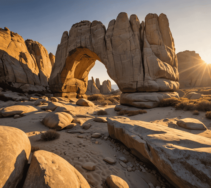 A natural arch rock formation bathed in golden hour light, showcasing beauty and aesthetics.