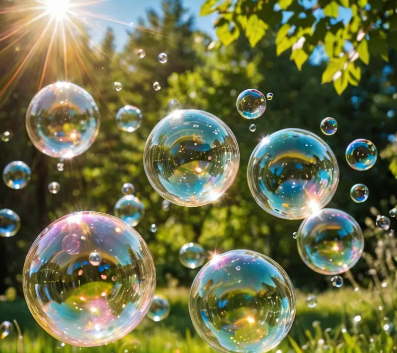Effervescent bubbles in sparkling liquid under the sun, symbolizing joy and vivacity