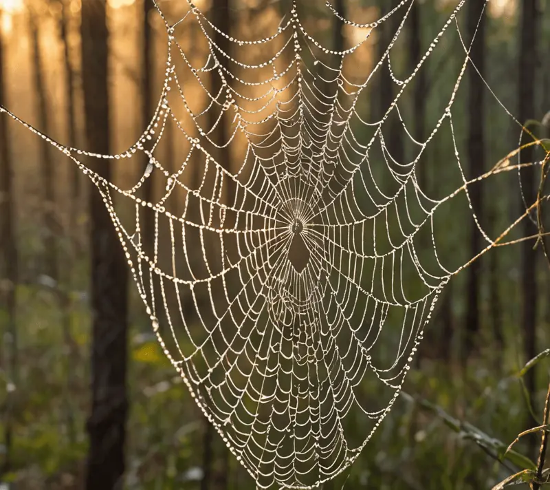 Intricate cobweb bejeweled with morning dew highlighting aesthetic beauty