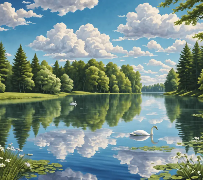 Tranquil scene with a serene swan gliding on a reflective lake, embodying positive character traits