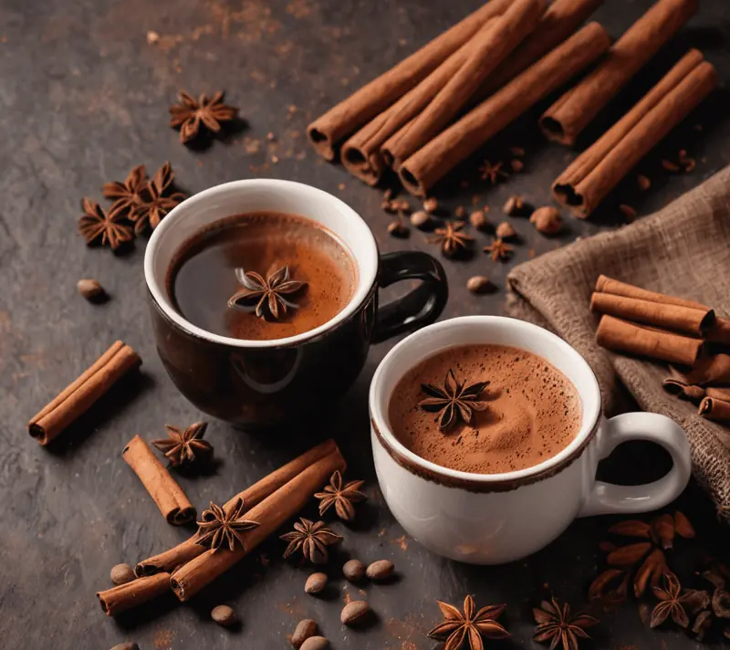 Steaming cup with cocoa beans and cinnamon evoking warmth and culinary comfort