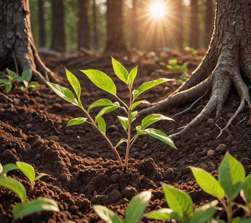 New sapling emerging at dawn representing constructive growth and new beginnings