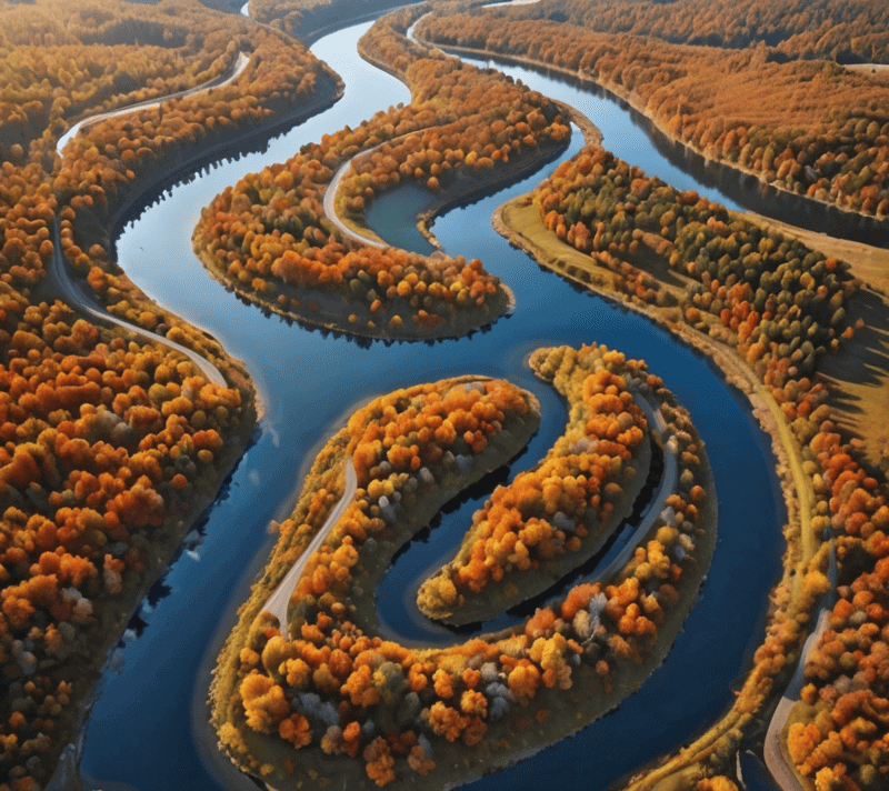 Aerial view of a curvilinear river in autumn, reflecting bright sky colors