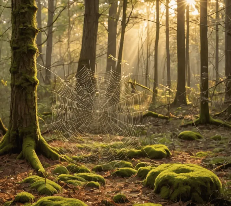 Enchanted forest glade illuminated by dawn's golden light, representing delight