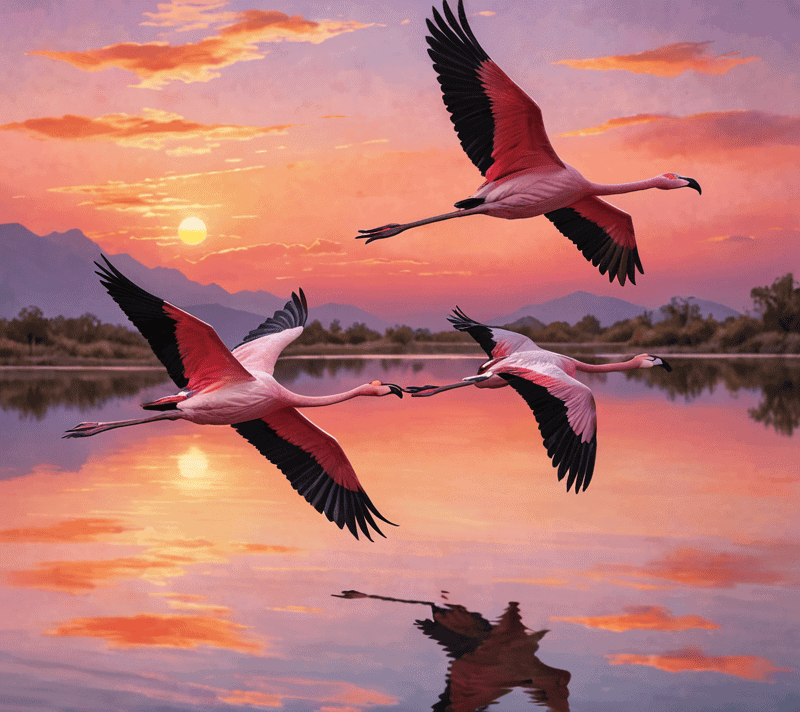 Flock of flamingos flying at sunset with colorful reflections on water