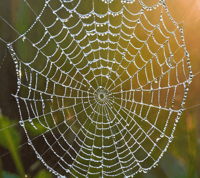 Dew drops on a spider web reflecting morning light
