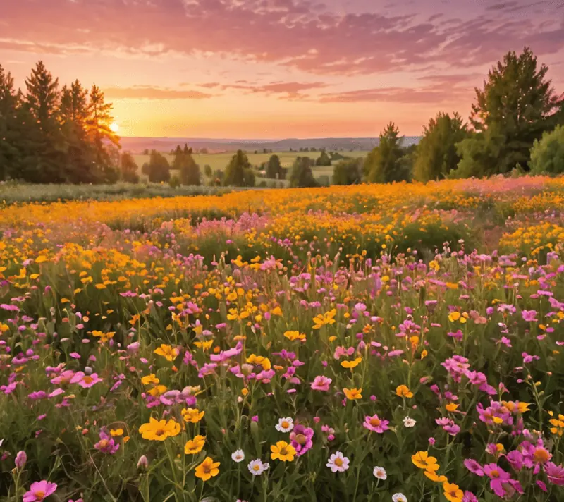 Sunrise over a colorful field, creating a joyful atmosphere