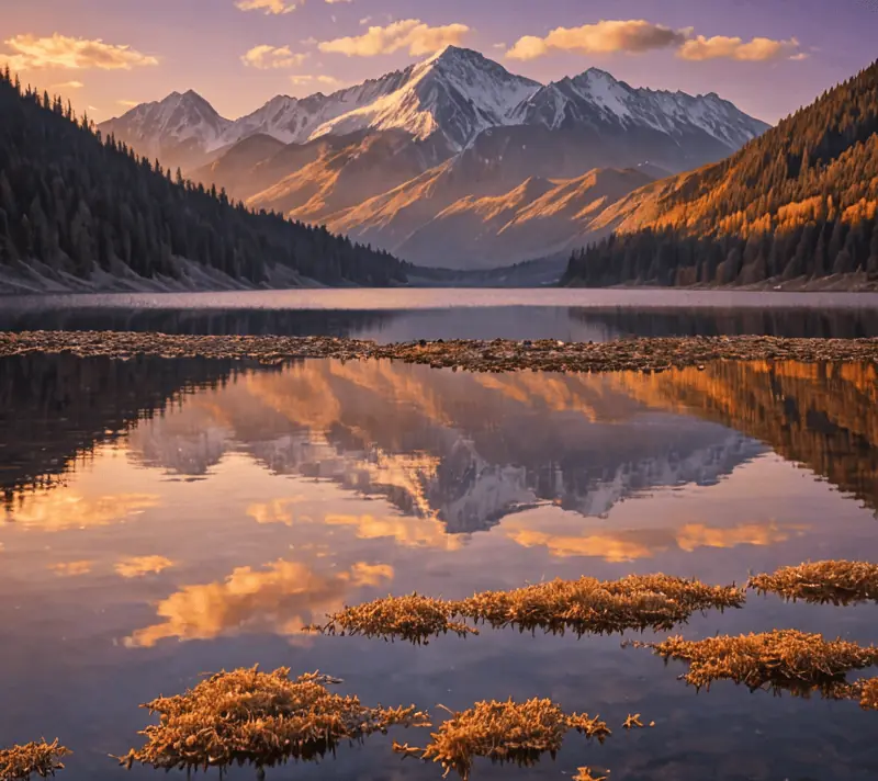 A serene lake shimmering under the golden hour sunlight with snow-capped mountains in the background.