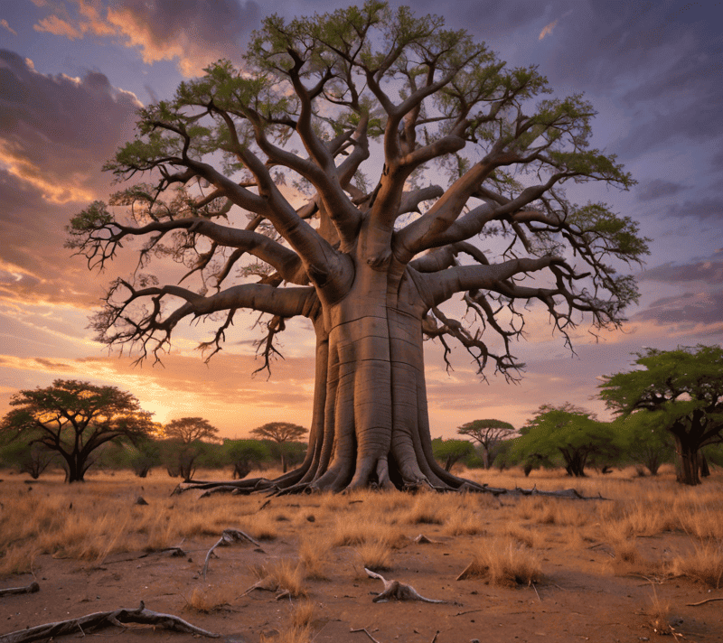 A historic baobab tree radiating high-class elegance in the twilight of a savannah.
