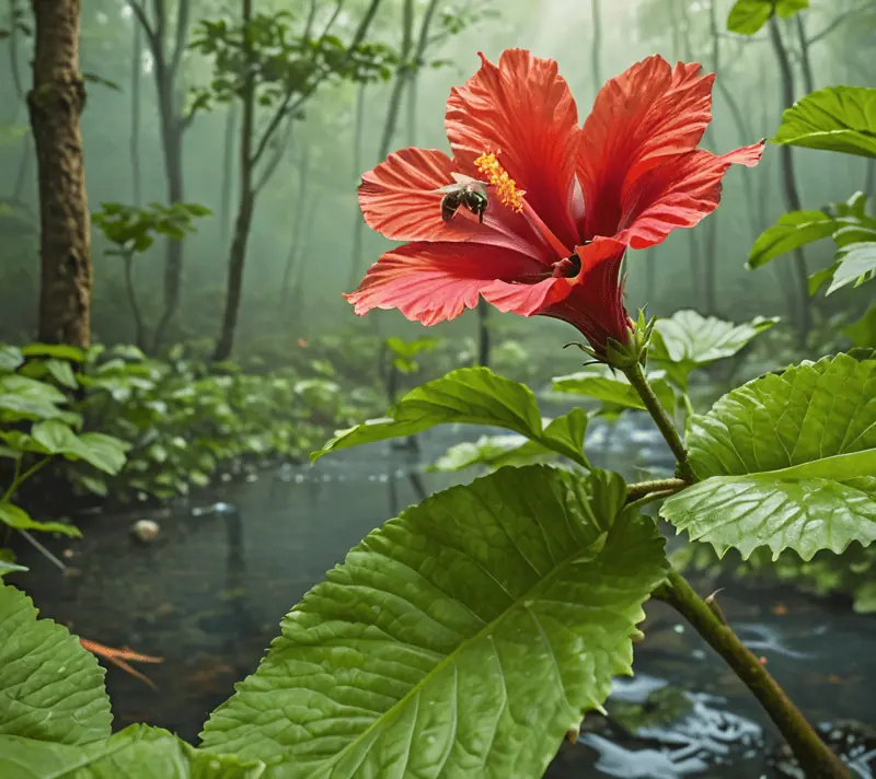 A serene forest stream with a honeybee on a hibiscus in the healthy harmony of nature.