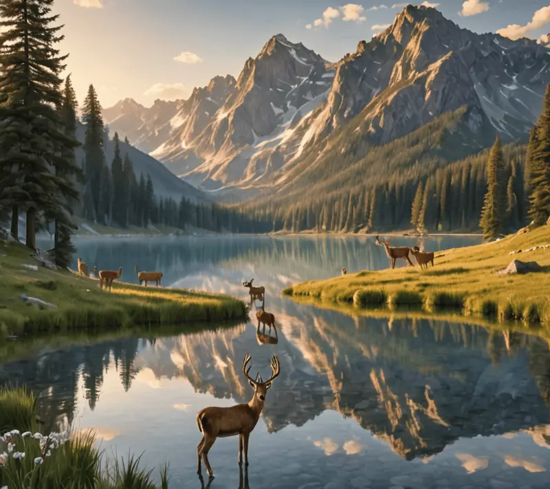 Alpine lake reflecting sunrise with deer at the shore, embodying natural harmony.