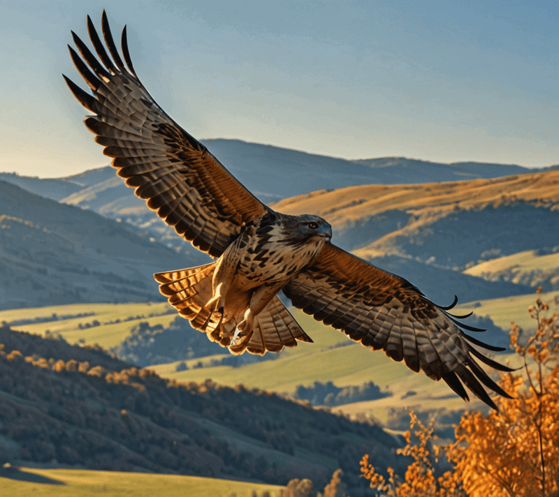 A hawk gliding heroically over sunlit hills against a clear blue sky.