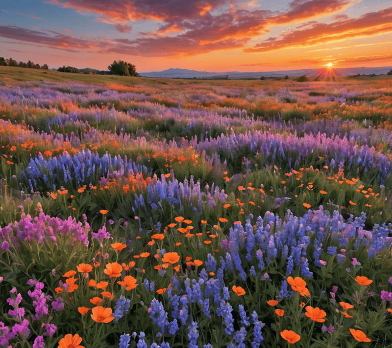 Vast wildflower field under a colorful sunset, transitioning from purples to oranges