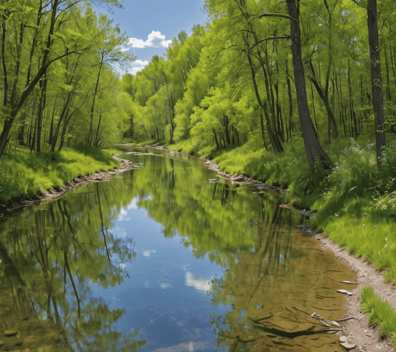 Serene river flowing through a vibrant forest under clear blue skies.