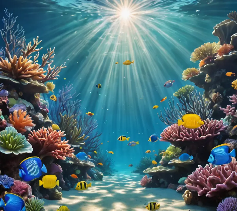 Vibrant tropical fish swimming in sunlit underwater scene with colorful corals