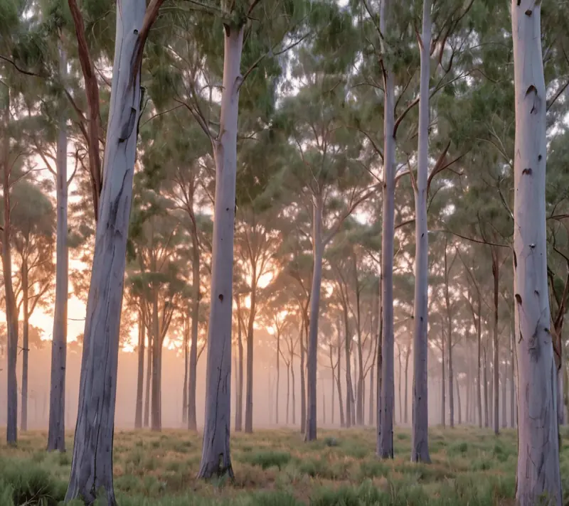 Tranquil early morning scene in a eucalyptus grove suggesting koala harmony