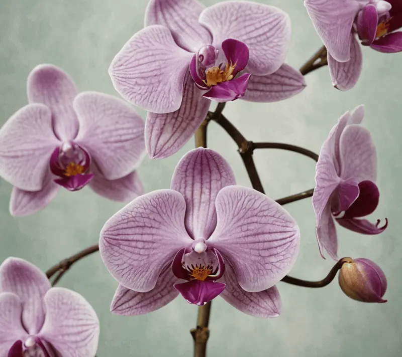 Macro shot of a dew-kissed, elegant orchid with a soft pastel background