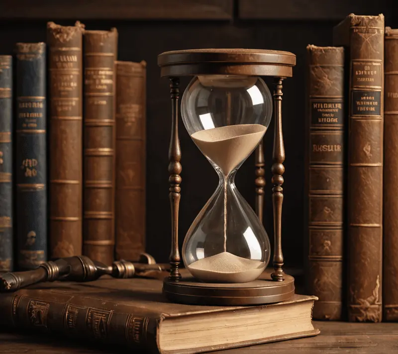 Antique hourglass with sand mid-transition surrounded by vintage books