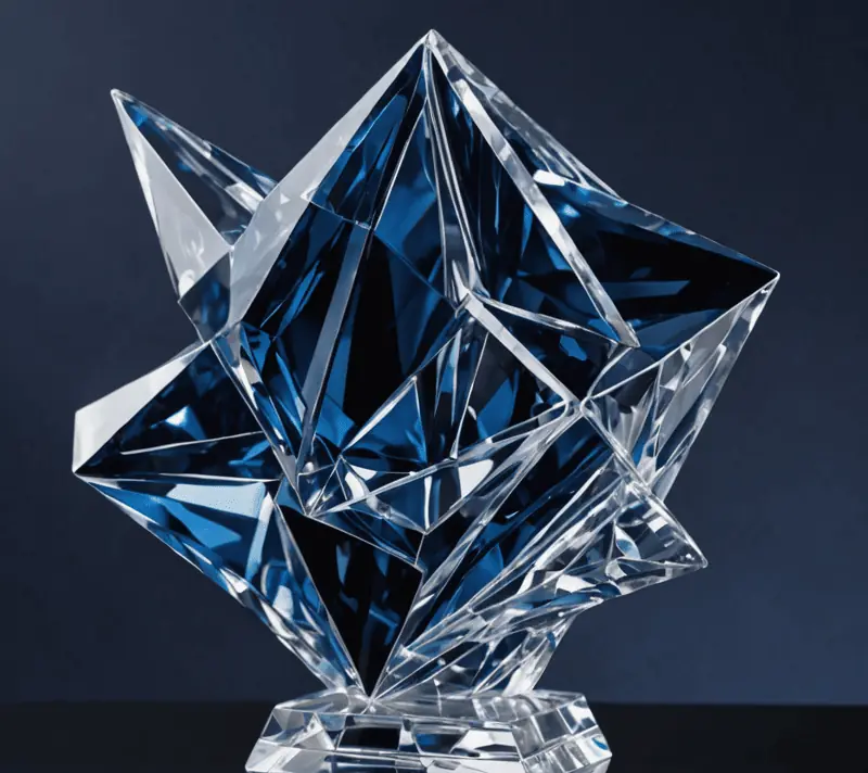 Abstract blue crystal trophy-like sculpture against navy background representing noteworthiness.