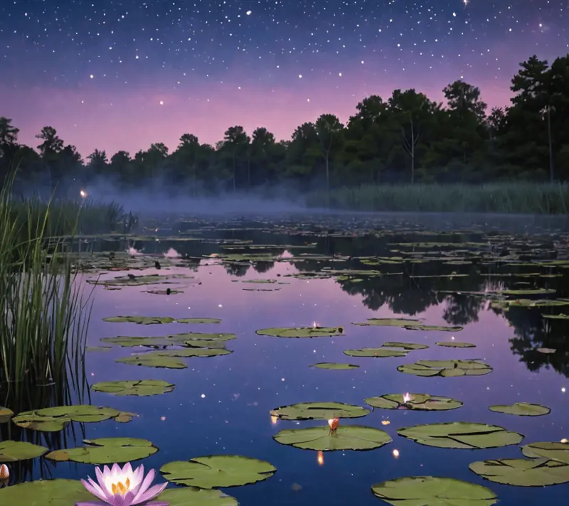 Calm pond with water lilies and twilight sky reflections, hinting at 'N' adjectives.