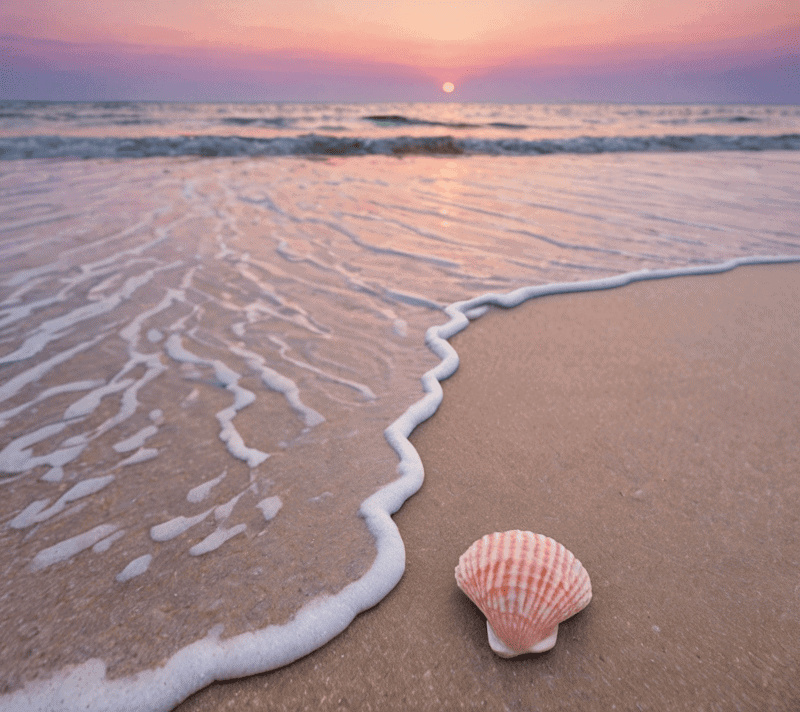 Peaceful ocean sunset with waves and an orange seashell, reflecting tranquility and warmth
