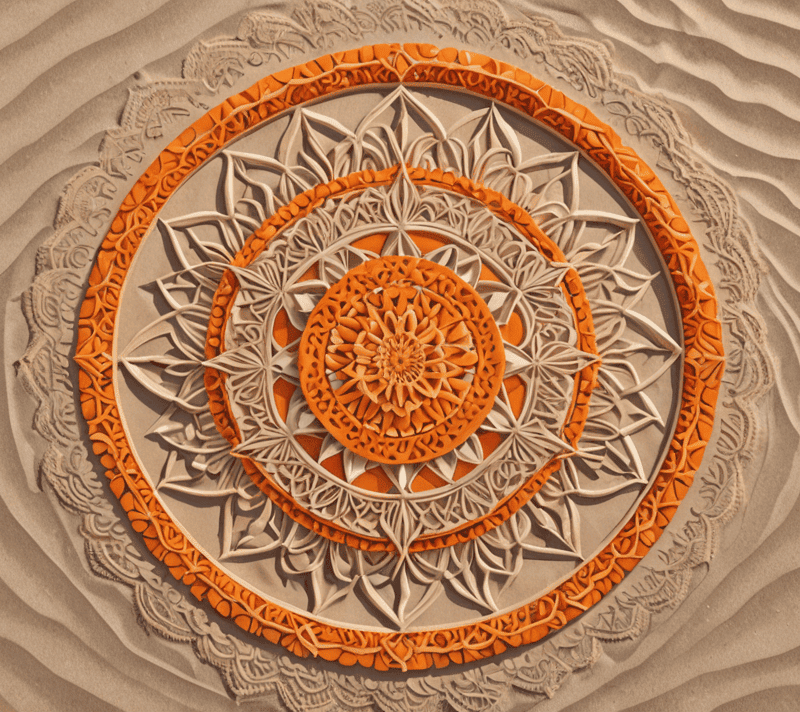 Aerial view of an ornate mandala on a beach, portraying creativity and artistic order