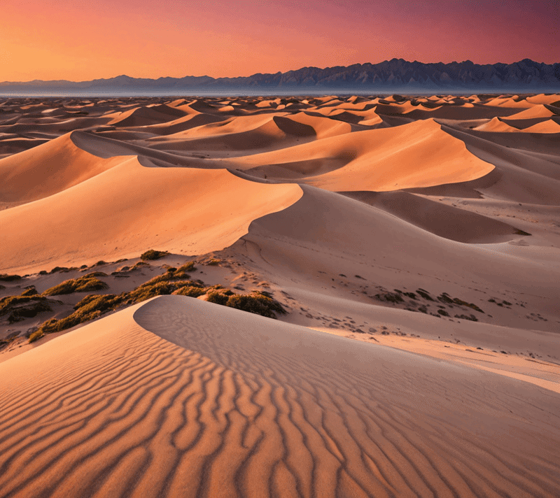 Rolling sand dunes with orange and pink hues under a dramatic sunset sky