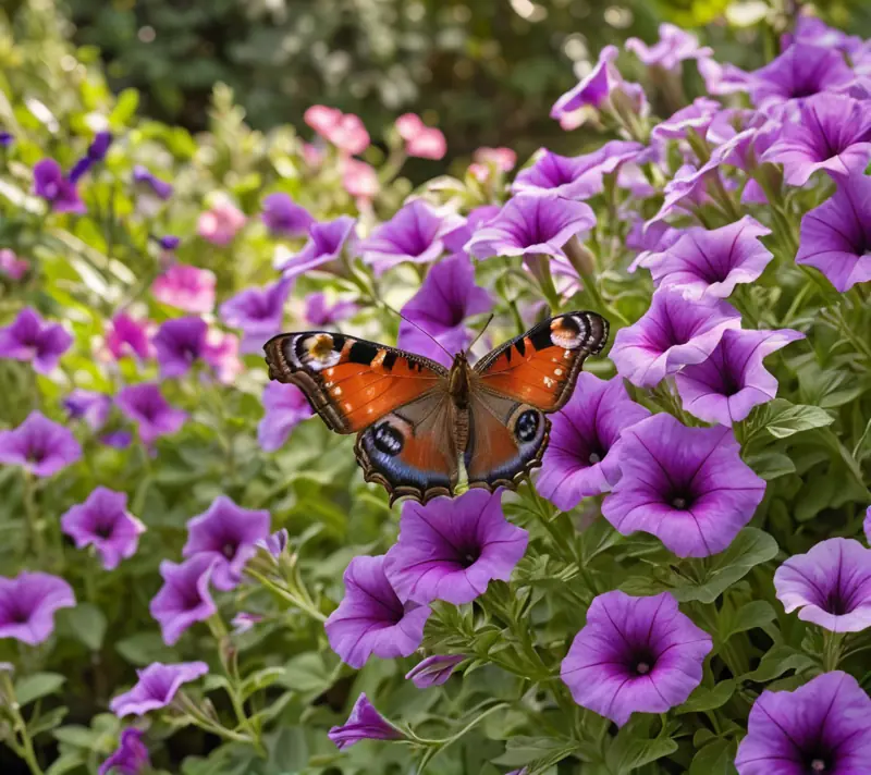 A serene garden of purple petunias with a peacock butterfly representing positive personality traits starting with P.