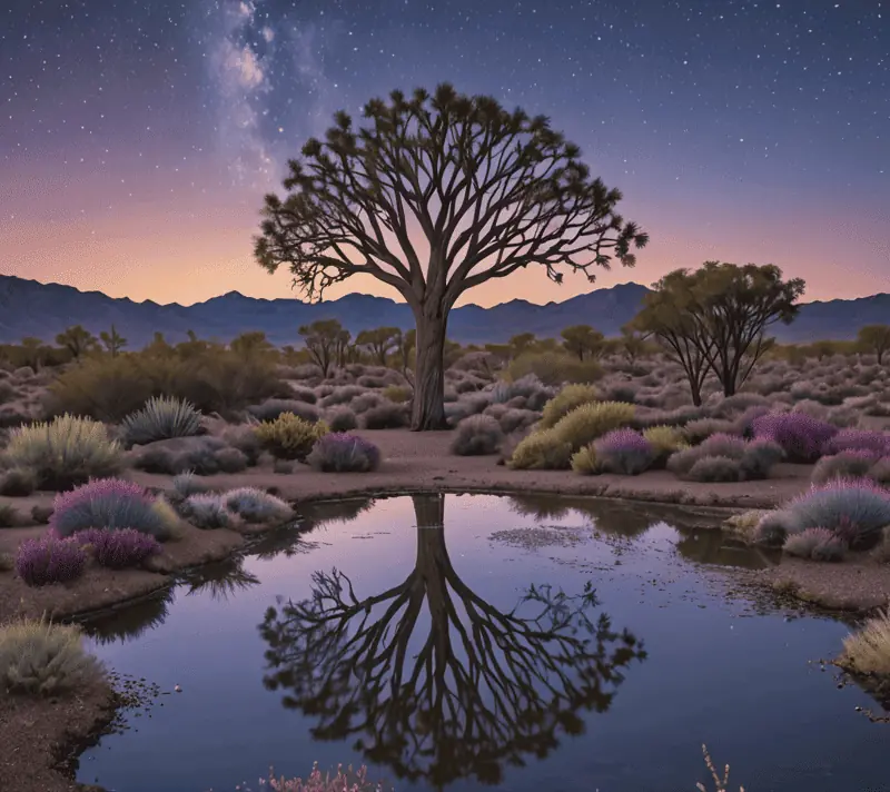 A tranquil desert oasis featuring a quiver tree and pond under twilight sky