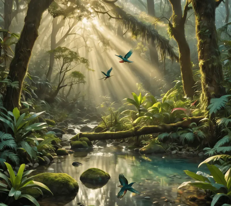 A quetzal bird in flight across a forest stream with sunbeams and quartz stones at dawn