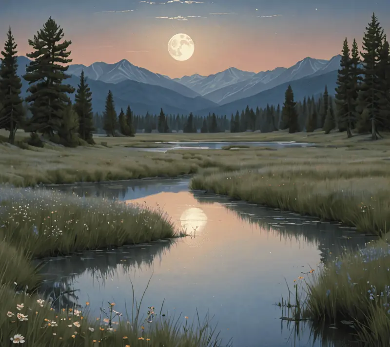 Moonlit meadow with a river and wildflowers, surrounded by mountain silhouettes.