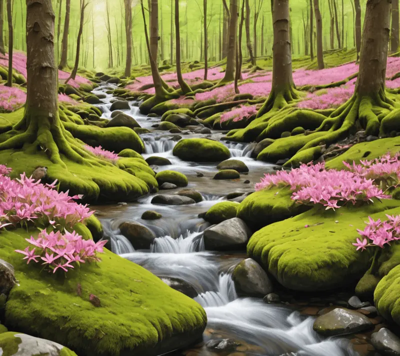 A clear stream flowing over green mossy rocks in a vibrant spring forest.