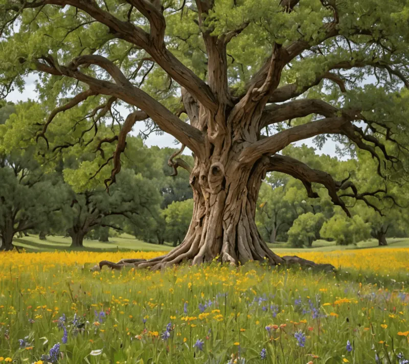 Ancient tree on a flowered hill symbolizing wisdom and scholarly depth