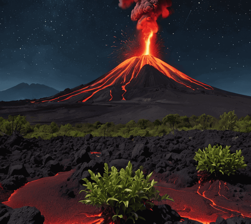 A nocturnal volcanic eruption blazing new trails surrounded by emerging vegetation.
